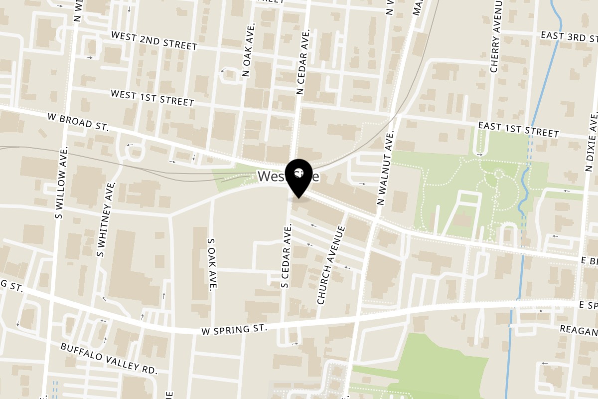 Map showing the location of Jamie’s Eats and Sweets on 50 W Broad St in Cookeville